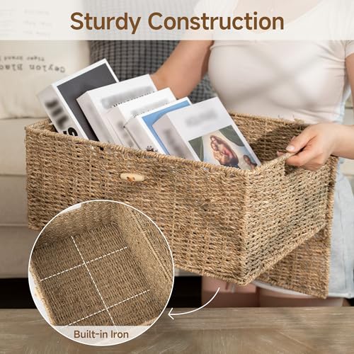 StorageWorks Extra Large Wicker Baskets with Lid for Organizing, Seagrass Storage Baskets for Shelves, Decorative Box with Built-in Handles, Natural, 1 Pack - color: Natural(Seagrass), size: 16½"L × 13"W × 7½"H