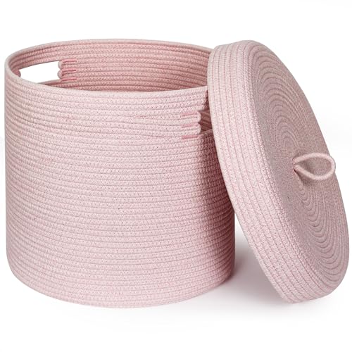 Storage Basket with Lid, Woven Blanket Storage for Living Room, Soft Cotton Rope Bin with Lid, Round Wicker Laundry Basket with Cover, Lidded Kid Dog Toy Box, Nursery Organizer, 15"x13", Pink - color: Pink