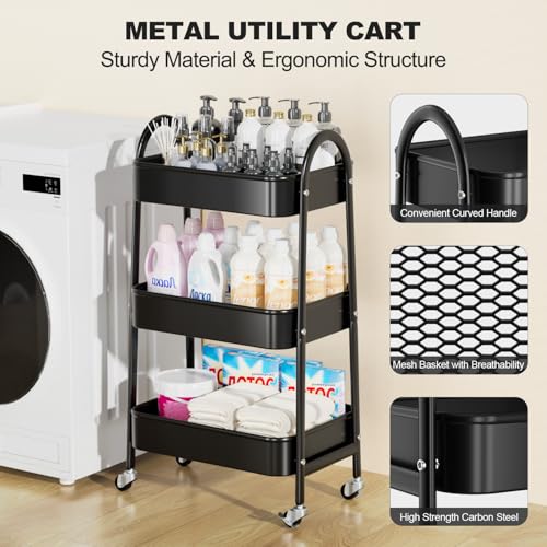 EAGMAK 3 Tier Rolling Cart, Large Metal Storage Cart with Handle and Lockable Wheels, Big Multifunctional Storage Organizer Trolley with Mesh Baskets for Kitchen, Living Room, Office, Garage (Black) - color: Black, size: Large