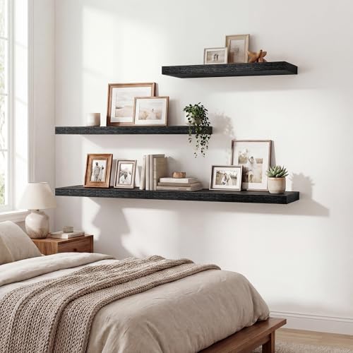 72 Inch Floating Shelves for Wall Set of 1,9.3" Deep Wall Shelves,Rustic Wood Wall Mounted Book Shelves with Invisible Brackets,Extra Long Floating Shelf for Living Room,Laundry Room,Bedroom,Black - color: Black, size: 72 Inch,Set of 1