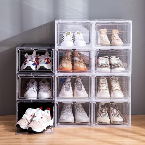 Attelite X-Large Clear Plastic Shoe Boxes - Stackable Shoe Organizer with Magnetic Door, Drop Front Display Box (9 Pack, Clear Black) - color: Clear Black, size: XL-9pcs