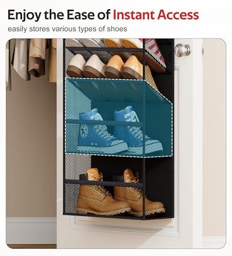 Soarine 12 Tier Over the Door Shoe Organizer for Closet, Holds 24 Pairs Hanging Shoe Rack for Door with Mesh Pockets, Narrow Shoe Holder Hanger for Sneakers, Boots (Black)