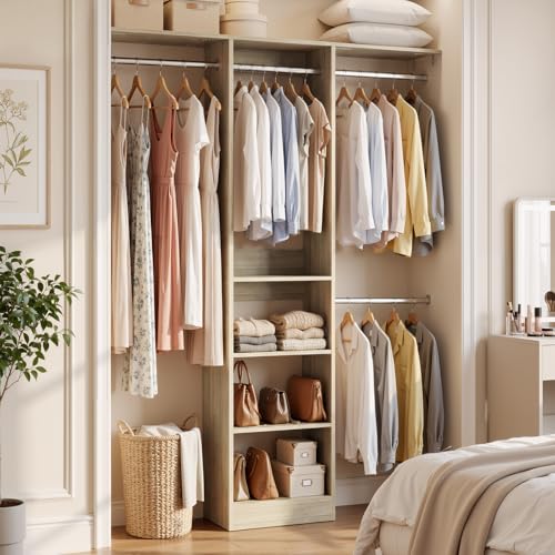 Cyclysio 4FT Small Closet System, 80"H Closet Organizer System with 4 Closets Rods & 3 Shelves, 48" Closets Organizers and Storage for Small Bedrooms, Laundry Rooms, Cloakrooms, White Oak - color: White Oak