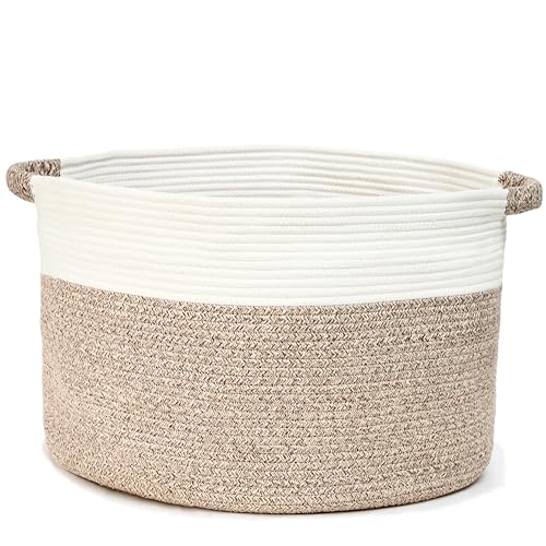 Blanket Basket - Woven Round Rope Storage Basket (20"Wx13"H) for Blankets & Throws, Small Laundry & Toy Organizer, Decorative Living Room & Bedroom Cotton Basket - White & Brown - color: White & Brown, size: Large-20"Wx13"H