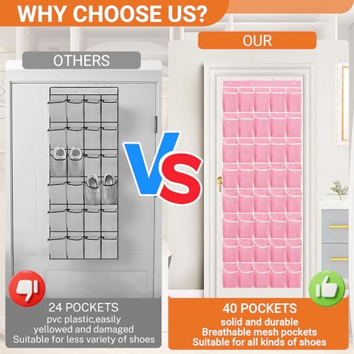 40-Pocket Over the Door Shoe Organizer - Large Mesh Pocket Hanging Shoe Organizer,Behind the Door Shoes Storage Holder Hanger (Pink-W) - color: Pink-W