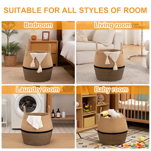 OIAHOMY 60L Blanket Basket with Handle, Storage Basket for Living Room, Laundry Hamper for Clothes, Towels, Pillows, Toy Storage for Kids and Dogs, Baby Hamper for Nursery - Brown & Black - color: Brown & Black, size: 60L