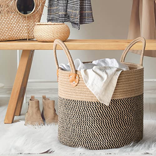 CHICVITA Wicker Laundry Basket With Handles, Storage Baskets for Decor, Rope Basket for Blankets, Toys, Clothes, Shoes, Plant Basket for Living Room, 14" X 14" X 12" - color: Black, size: 14"W x 12"H