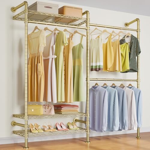 Timate F2 Industrial Pipe Clothes Rack Wall Mounted Clothing Rack for Hanging Clothes, Expandable Garment Rack Heavy Duty Wardrobe Closet Organizer and Storage, Adjustable Industrial Closet Kit, Gold - color: Gold, style: Timate F2