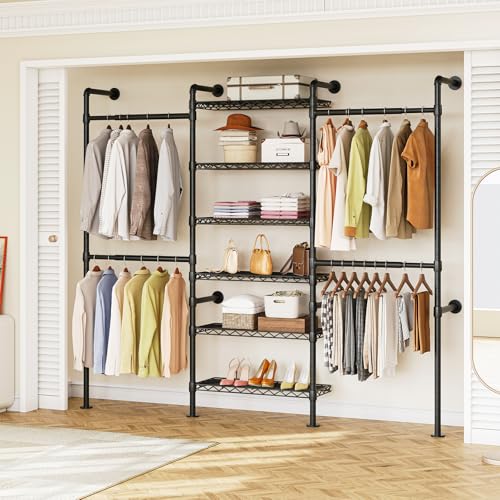 ONBRILL H3 Wall Mounted Closet System, Expandable Industrial Pipe Clothes Rack Clothing Rack for Hanging Clothes, Heavy Duty Closet Organizers and Storage in Wardrobe Closet, Black - color: Black