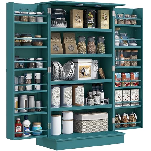 HOMCOM 41" Kitchen Pantry Storage Cabinet, Freestanding Kitchen Cabinet with 12 Door Shelves, Double Doors, 5-Tier Shelving and Adjustable Shelves, Blue - color: Blue, size: 41"H