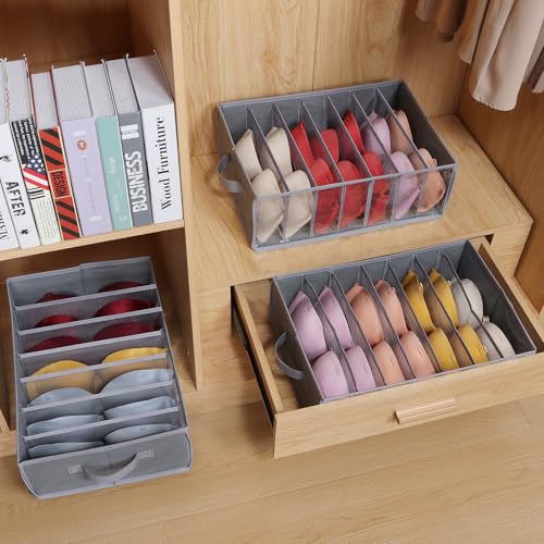Zilink Upgraded Underwear Drawer Organizer with Support Board, Clear Drawer, 7 Grids Divider, Sock Organizer for Closet, Nursery, Baby Clothes, Bra, Sock, Tie - 3 Pack - color: Grey - For Underwear