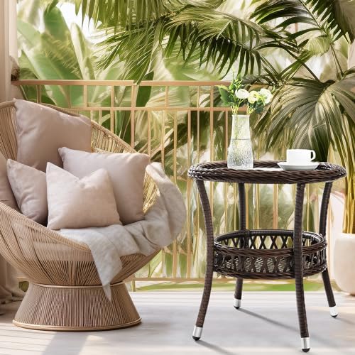 Outdoor Side Table Set of 2 Wicker End Table for Patio Rattan Side Table for Outside Brown Outdoor Patio Coffee Table with Storage & Glass Table Top Round for Backyard Porch - color: Espresso
