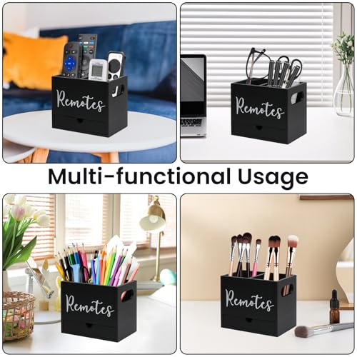 Remote Control Holder, Wooden TV Controller Holder, Desk Organizer with 2 Compartment and Drawers for TV & Office Supplies, Ideal for Tabletop (Black) - color: Black