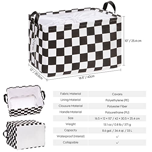 Hinwo 2-Pack Large Canvas Fabric Storage Basket with Handles, 33L/8.6-Gal Rectangle Bin, Collapsible Storage Box, Clothes, Toys, Blankets Organizer, 16.5 x 12 x 10 Inches (L, Black Checkerboard) - color: Black Checkerboard, size: L/16.5 x 12 x 10"/2-Pack