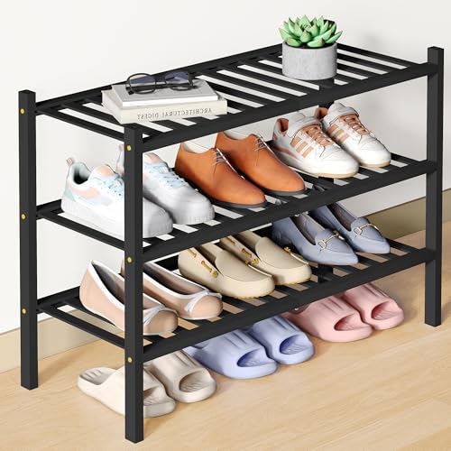 Smiry Bamboo Shoe Rack for Closet, 3 Tier Wooden Stackable Shoe Organizer, Free Standing Shoes Storage Shelf for Entryway, Front Door Entrance, Black - color: Black, size: 3 Tier - Medium