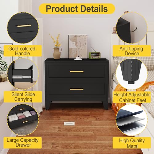 24.8" Tall Metal Dresser for Bedroom, 2 Drawer Nightstand, Side Table, Under Desk Steel Storage Drawer Cabinet, File Drawer for Home Office,Living Room, Entryway, Hallway - color: Black, style: Wide Style/2 Drawers