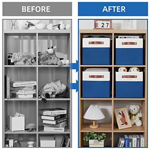 Temary 11 Storage Cube Bins for Shelves, Closet - 4 Pack Fabric Baskets With Leather Handles (White & Blue) - color: White&Blue, size: 11×11×11