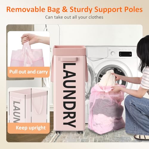 Optish Pink Laundry Basket with Wheels, Dorm Room Essentials for Girls, 90L Rolling Laundry Hamper with Wheels and Removable Mesh Bag for Clothes, Bedroom, Bathroom, College - color: Pink