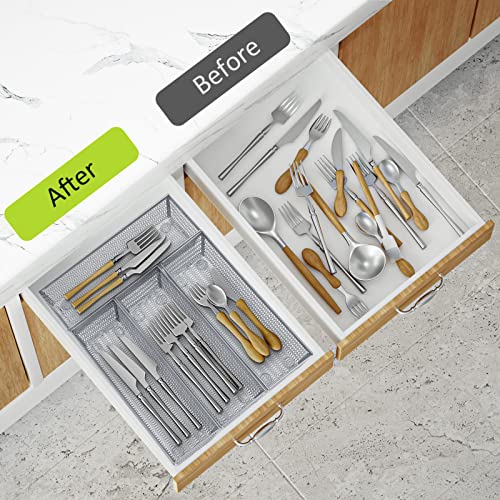 Neudeco Silverware Organizer,Mesh Drawer Organizer for Kitchen，Metal Utensil Organizer for Flatware, Knives, Spoons,Cosmetic (Silver 9 * 3 * 2 inch Pack6) - color: Silver-6 pack