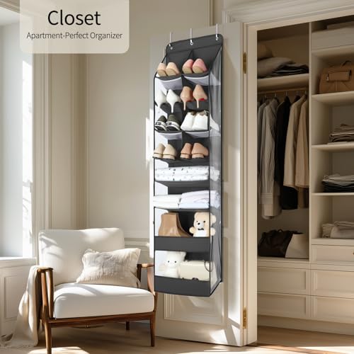 Yecaye Over the Door Shoe Organizer Hanging with Large Pockets, 8 Tier Back of Door Storage for Nursery, Closet and Bathroom, Partition Behind Door Organizers Shelf with Baby Clothes (1 Pack, Black) - color: Black