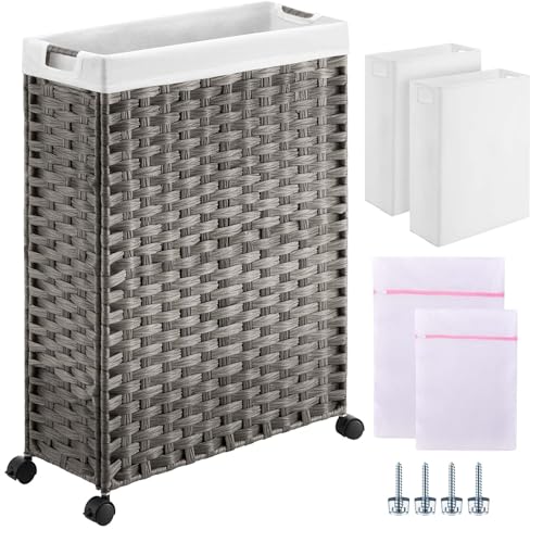 Greenstell Laundry Hamper with Wheels, 17.4 Gallon (66L) Slim Laundry Basket with 2 Removable Liner Bags & 2 Mesh Bags, Narrow Rattan Clothes Hamper for Bedroom, Laundry Room, Bathroom, Grey - color: Grey, size: 66L (19.7 x 7.9 x 27.6 inches)