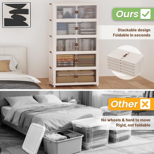 SAILUN 145Gal/580Qt Stackable Storage Bins Folding Collapsible Storage Bins with a Lid, Closet Organizers and Storage,Blush White 26" W x 17" D x 71" H - color: Blush White, size: 1 Lid 5 Pack-26" W x 17" D x 71" H
