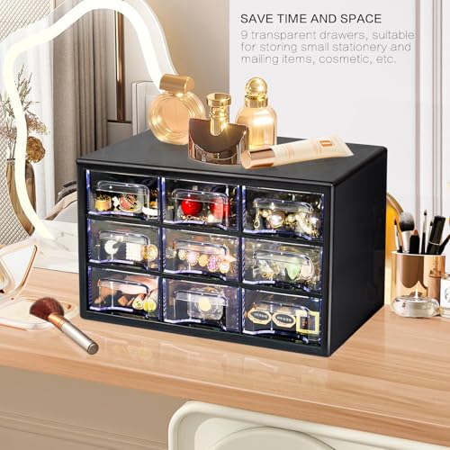 Desk Storage Organizer with 9 Drawers, FODIENS Stackable Desktop Craft Drawer Cabinet, Clear Storage Box Caddy for Makeup Jewelry Office Craft Supplies (9.84×6.3×5.9in) (Black) - color: Black