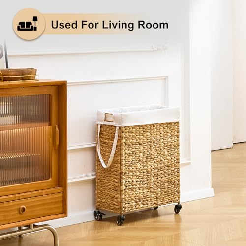Rolling Laundry Hamper with Wheels, Slim Laundry Basket with Removable Liner Bag & 2 Mesh Bags, Handwoven Water Hyacinth Clothes Hamper for Bedroom Bathroom (Natural, 65L) - color: Natural/No Lid/65L