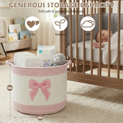 Baby Laundry Basket for Nursery, Baby Storage Baskets, Soft Foldable Cotton Rope Bin with Cute Embroidered Designs for Home Toys Organizer - color: Bow