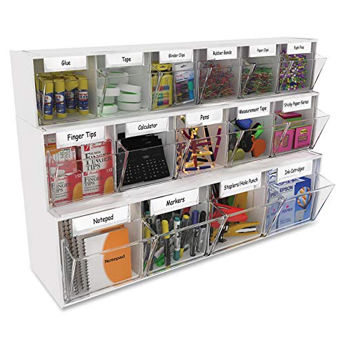Deflecto Interlocking Tilt Bin, 9 Bin Unit, Clear and White, 23-5/8” x 3-5/16” x 2-5/8” (20903OP) - style: 9 Bins
