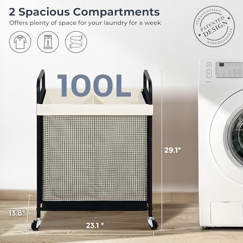 STO STO Laundry Hamper 2 Section, 100L Rolling Laundry Sorter Cart with Removable and Washable Liner Bag, Clothes Hamper with Wheels and Metal Handle for Laundry Room and Bedroom - color: Beige, size: 2-Section