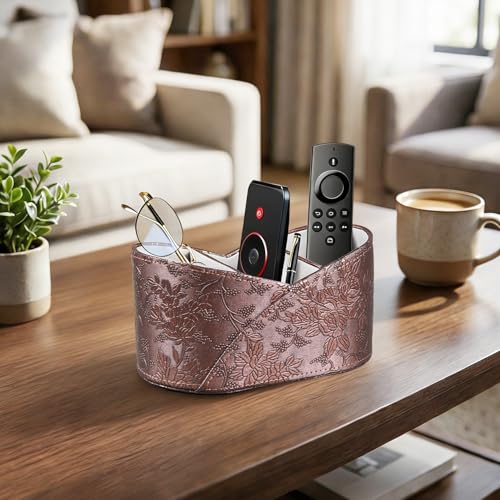 PU Leather TV Remote Control Holder, 3 Compartments Remotes Caddy for DVD, Blu-Ray, Media Player, Heater Controllers,Bedside Table Desk Organizer and Accessories Storage for Living Room Nightstand - color: Antique Embroidery