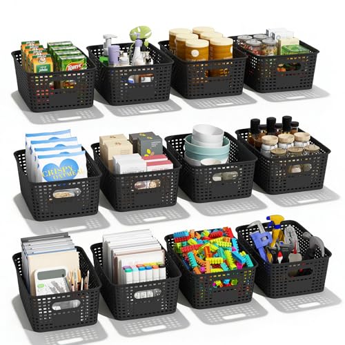 Black Plastic Storage Basket for Organizing 12 Pack Small Storage Bins Container for Shelves, Shelf Baskets with Handles for Classroom, Closet, Pantry Organization - color: Black