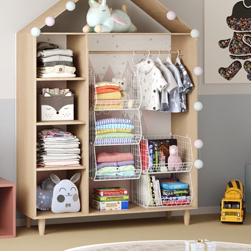 5 Tier Closet Hanging Organizer, Clothes Hanging Shelves with 4 Hanging Hooks 5 S Hooks, Wire Storage Basket Bins, for Clothing Sweaters Shoes Handbags Clutches Accessories Patent Design-White - color: White