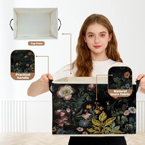 Vintage Gothic Floral Storage Box Bins, Dark Cottagecore Wildflower Botanical Collapsible Storage Basket Organizer for Bedroom Laundry Room Home Clothes Toys Books, Toybox for Girls - color: Gothic Floral