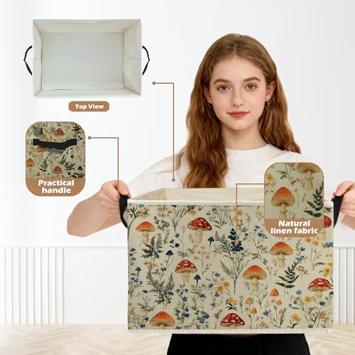 Rustic Mushroom Storage Box Bins, Cottagecore Wildflower Botanical Mushroom Collapsible Storage Basket Organizer for Bedroom Laundry Room Home Clothes Toys Books, Toybox for Kids - color: Floral A