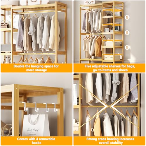 Homykic Bamboo Clothes Rack Garment Rack for Hanging Clothes, Heavy Duty Clothing Rack with 7 Tiers Adjustable Shelves, Double Rods, 4 Hooks, Freestanding Closet System Organizer Wardrobe, Natural - color: Natural, size: II Medium