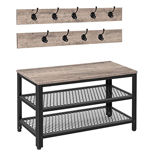 HOOBRO Hall Tree Entryway Storage Bench, Coat Rack Shoe Bench, Shoe Rack Organizer with Coat Hooks, 3-in-1 Design, Wooden Furniture with Metal Frame, Greige and Black BG17MT01 - color: Greige + Black, size: 28.7"L x 11.8"W x 17.5"H