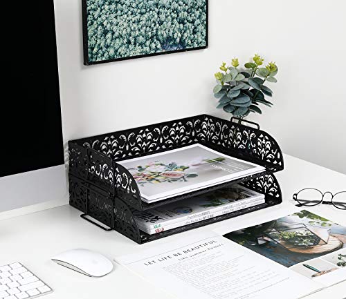 EasyPAG Paper Organizer for Desk 2 Tier Stackable Paper Tray for A4 Legal Size Folders Metal File Storage Desktop Organizer for Home Office School Teacher, Black - color: Black