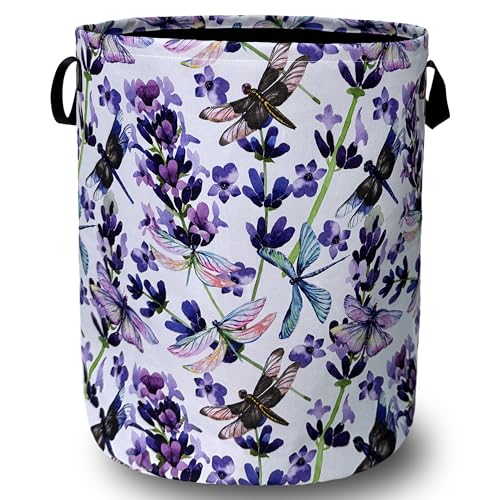 Dragonfly Laundry Basket Foldable With Handles Purple Floral Tote Bag Oxford Cloth Colorful Laundry Hamper Clothes Storage Bucket Toy Organizer For Bathroom/Laundry/Bedroom 18.9" x 16.5 " - color: Dragonfly and Purple Flowers