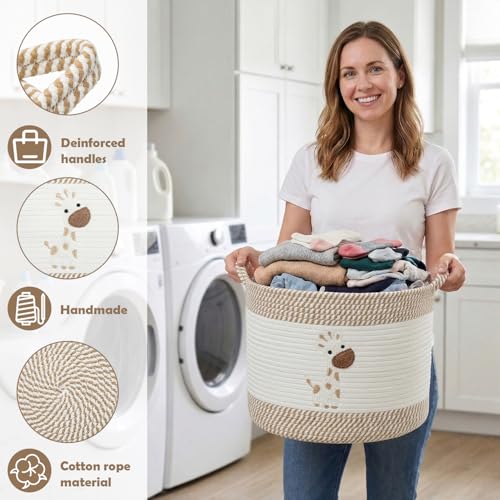 Baby Laundry Basket for Nursery, Baby Storage Baskets, Soft Foldable Cotton Rope Bin with Cute Embroidered Designs for Home Toys Organizer - color: Giraffe