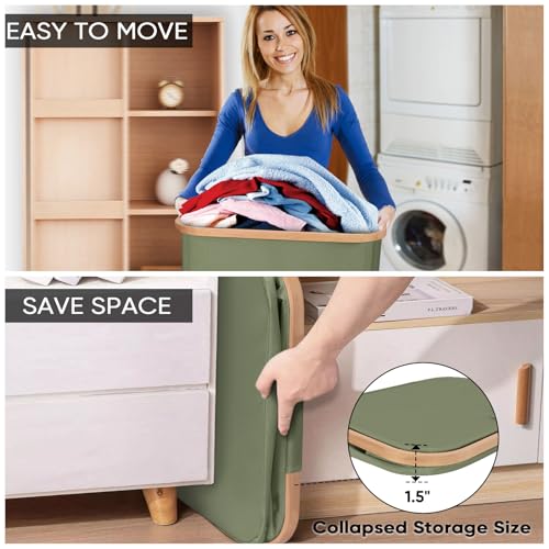 BALEINE Laundry Hamper with Lid, Tall Laundry Baskets with Bamboo Pull Handles, Large Laundry Bin with Internal Support (26 Gal/100L, Green) - color: Green, size: 100 liters