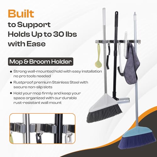 Heavy-Duty Stainless-Steel Broom Holder Wall Mount with 4 Racks and 5 Hooks | Rust Resistant Mop and Broom Hanger | Adjustable, Garage & Garden Tool Organizer | Silver Color - size: 4 Racks & 5 Hooks
