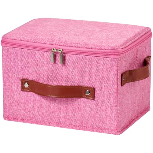 Storage Bin Box with Zippered Lid Cotton Linen Fabric Decorative Basket with PU Leather Handles PP Plastic Board Foldable Lidded Clothing Shelf Closet Organizer Container (Pink, Small) - color: Pink, size: Small ( Pack of 1 )