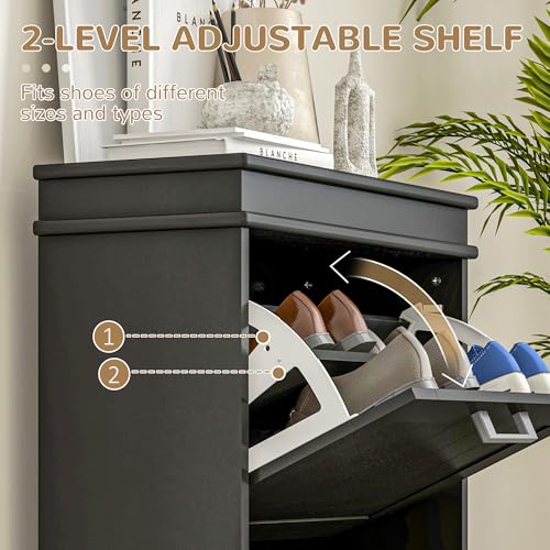 HOMCOM Narrow Shoe Cabinet with 2 Flip Drawers, Modern Freestanding Shoe Storage Cabinet with Adjustable Shelves for Entryway, Hallway, Black - color: Black