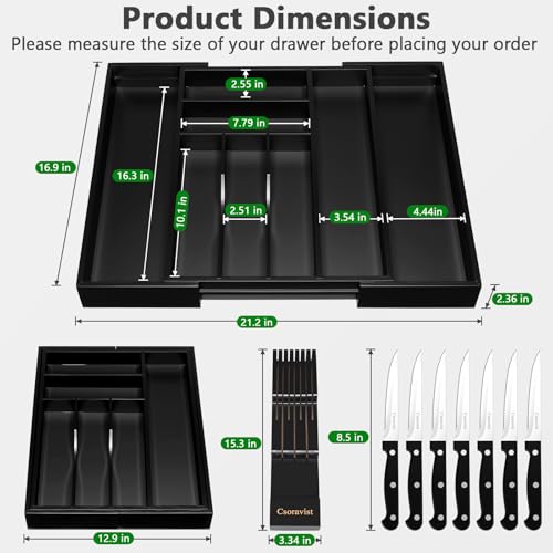 9-Piece Bamboo Kitchen Drawer Organizer Set, Expandable Silverware &Utensil Organizer with Removable Knife Block & Steak Knives, Flatware Organization, Tableware Dividers Storage(Black) - color: Black