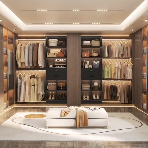 Besiost Closet System, 4-8 FT Closet Organizer Tower with 2 Wooden Drawers and Shelves, Can Fit 60 to 96 inch Walk-in Closet System with 5 Hang Rods, Built-in, Black - color: Black