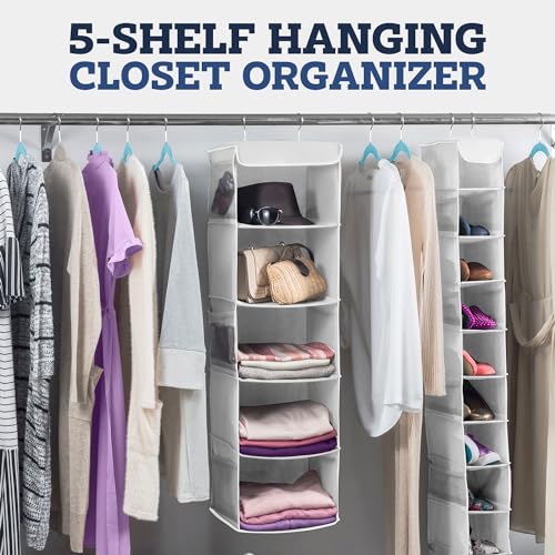 ZOBER Hanging Closet Organizer, 5-Shelf - Hanging Storage Organizer Shelves for Clothes, Towels, Toys - College Dorm Room, Nursery, & Home Closet - color: White, size: 5-Shelf