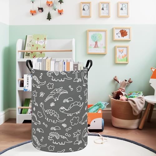Round Cute Dinosaur Laundry Basket,Collapsible Laundry Hamper for Nursery,Toy Storage Bin for Kids Boys,Waterproof Storage Basket for Home,Bedroom, Playroom,New Parent Gift(Gray Line Dinosaur) - color: Round Gray Line Dinosaur