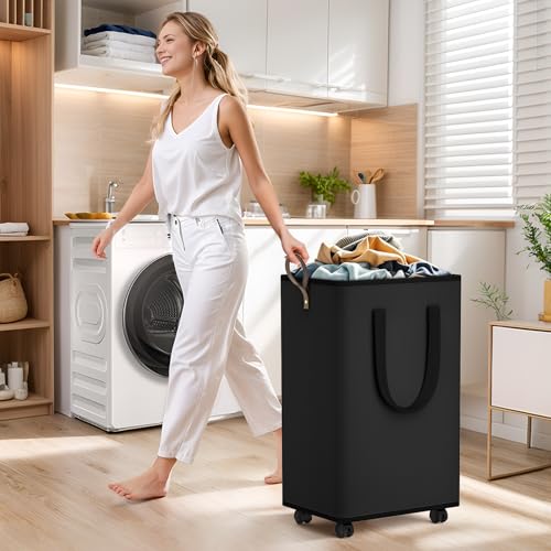 SpaceTrove Laundry Basket with Wheels, Collapsible Laundry Baskets, Laundry Hamper with Handles Detachable Wheels, Rolling Laundry Basket, Dirty Clothes Hamper for Bathroom, Dorm, Bedroom, Black, 80L - color: Black, size: 80L